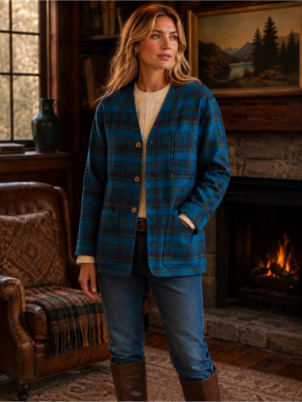 Vintage 1960s Pendleton Wool Plaid Jacket Blue Green Topster SIZE XL